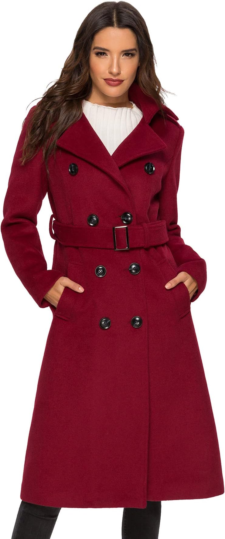 Womens Wool Coat Double Breasted Pea Coat Winter Long Trench Coat with Belt