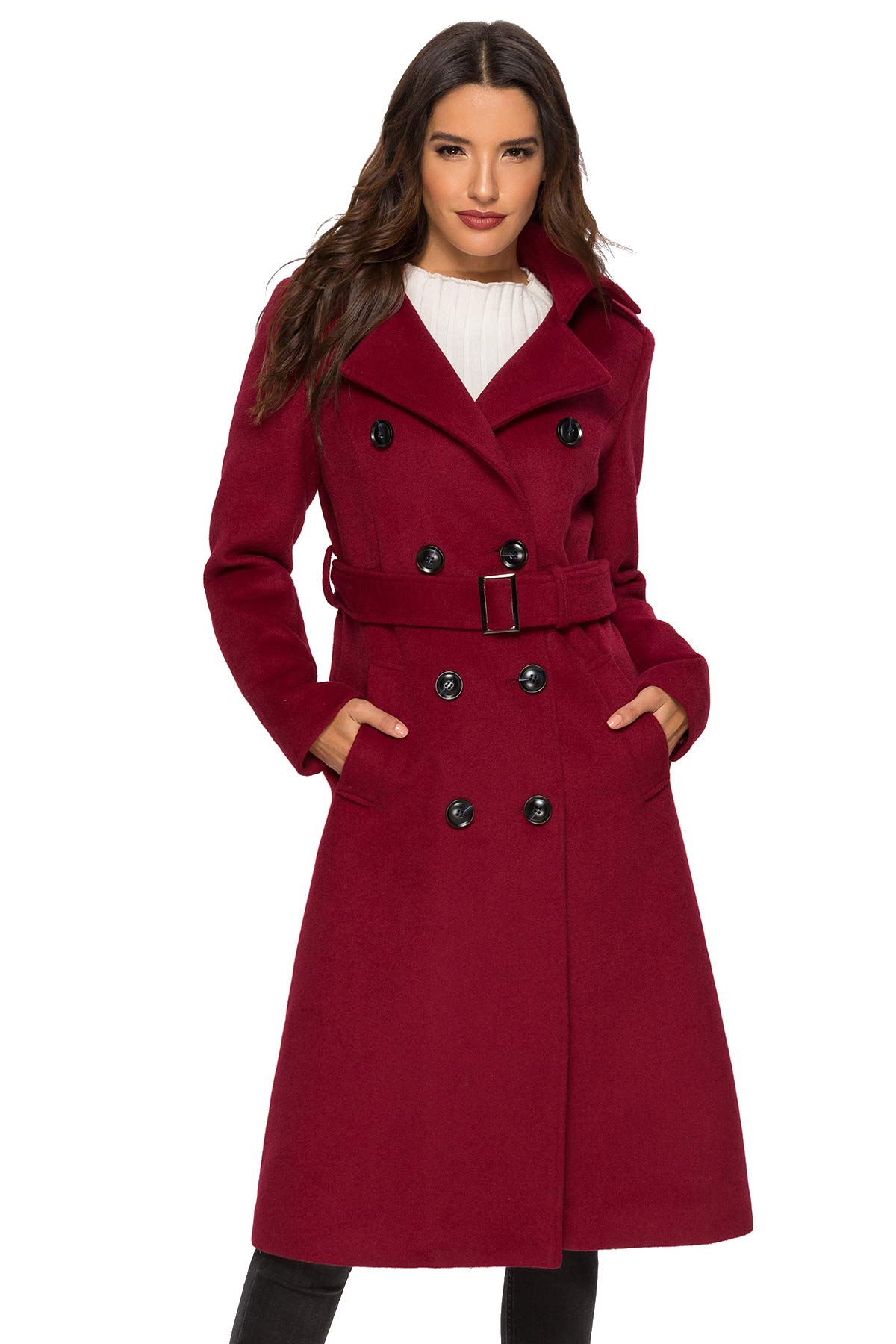 Escalier Womens Wool Coat Double Breasted Pea Coat Winter Long Trench Coat with Belt