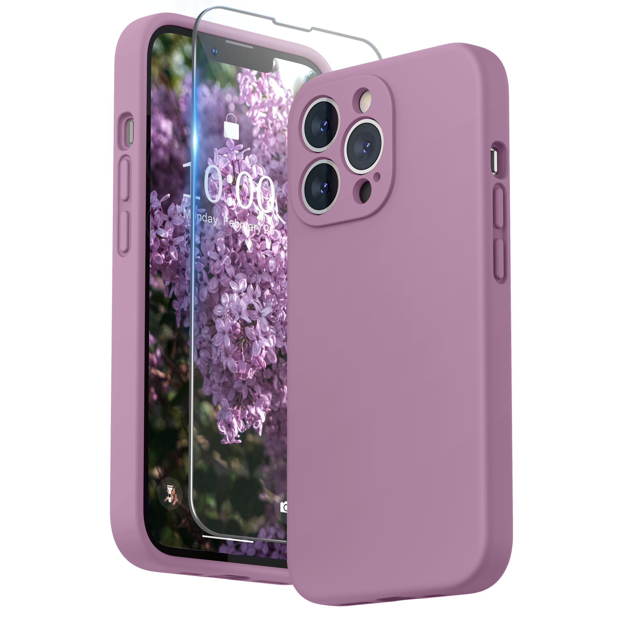 SURPHY Case for iPhone 13 Pro Case with Screen Protector, 13 Pro Liquid Silicone Phone Cases (Camera Protection & Soft Microfiber Lining), Lilac Purple