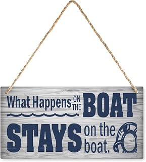 Penzedu Wooden Hanging Wall Art Positive Quotes What Happens On The Boat Stays On The Boat Wood Wall Sign, Retro Farmhouse Home Decor Gift For Home Living Dining Bedroom Entryway Hallway 12X 6 Inch