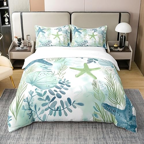 Juego de funda de edredón 100 % algodón con diseño de vida marina oceánica, conchas y conchas para niños y adultos, funda de edredón con 2 fundas de