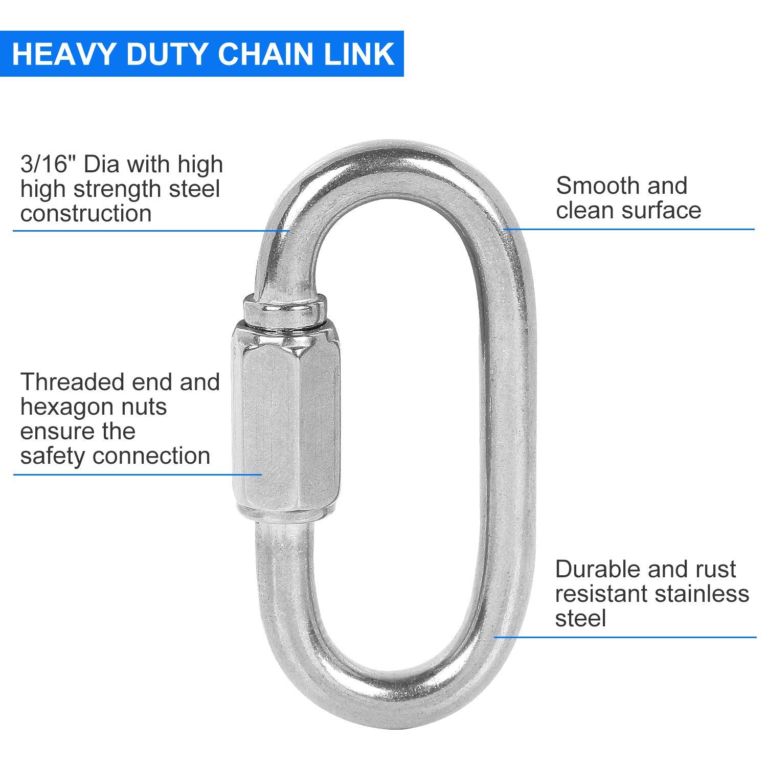20Pack Quick Link 3/16”, Stainless Steel Chain Link, 330lbs Load Oval Locking Carabiner Keychain Connector, Small Threaded Quick Chain Clip for Pet, Backpacks, Key Ring, Dog Leash, Water Bottles