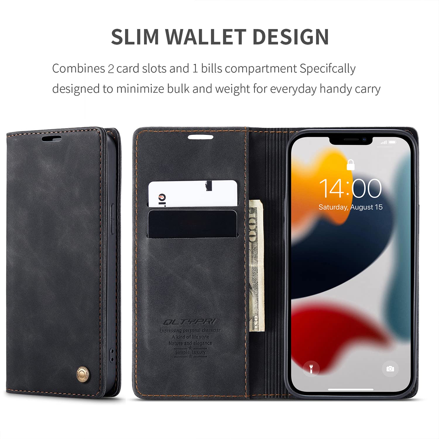 Custodia Portafoglio In Pelle PU Per IPhone 14 Pro Max – QLTYPRI, Nera, Con 2 Slot Per Carte E Tasca Contanti, Chiusura Magnetica, Funzione Cavalletto, Antiurto - 2
