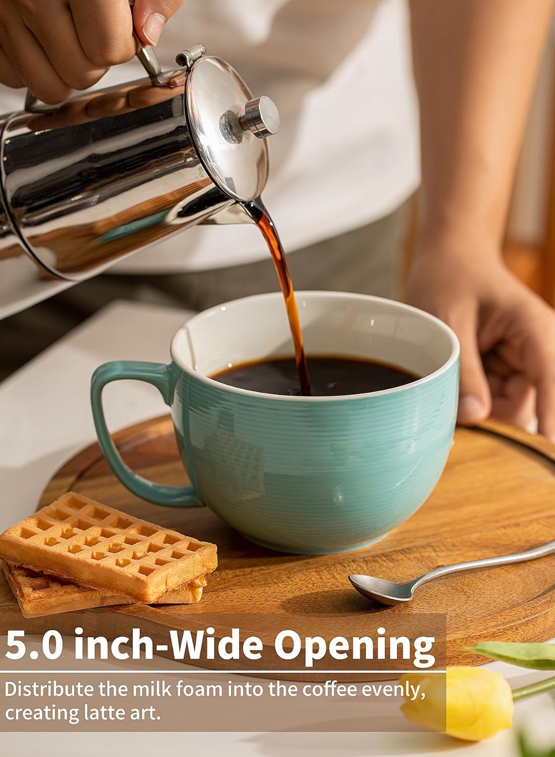 Teocera 24 oz Soup Bowls with Handles, Porcelain Large Coffee Mug Set, Jumbo Mugs, Soup Bowls Mugs set of 4 for Coffee, Oatmeal, Stew - Striped Design, Turquoise