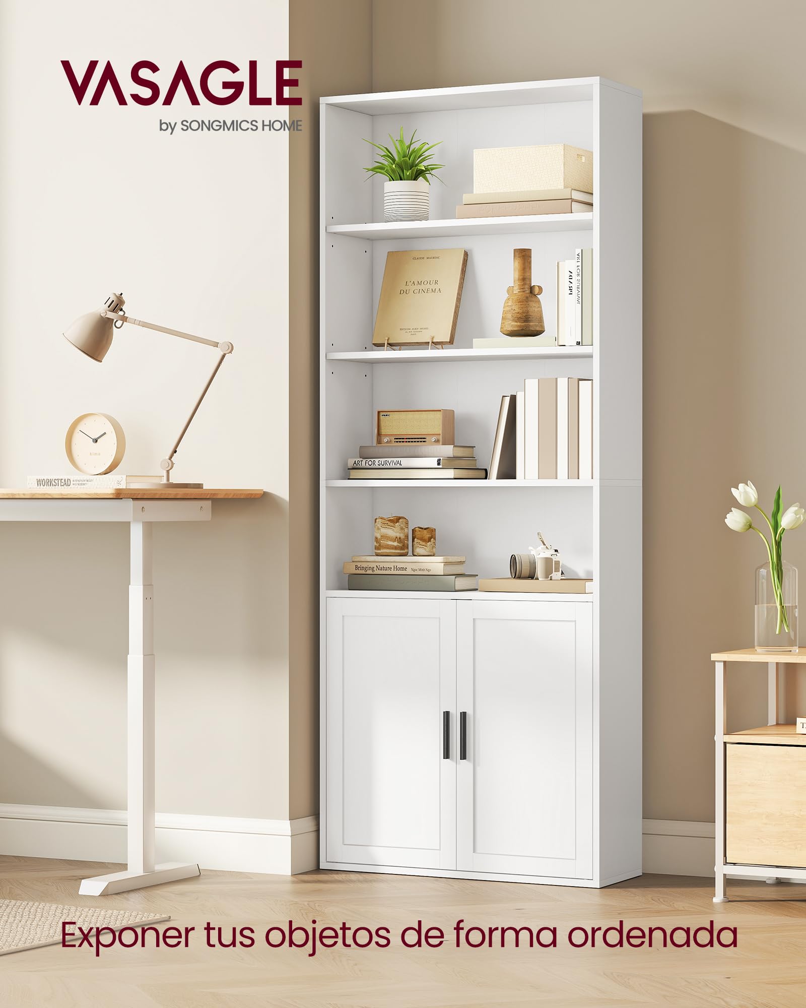 VASAGLE Librería, Estantería Vertical de 6 Niveles, con Puertas, 24 x 60 x 175 cm, para Salón, Estudio, Oficina, Comedor, Blanco Nube LBC402W01