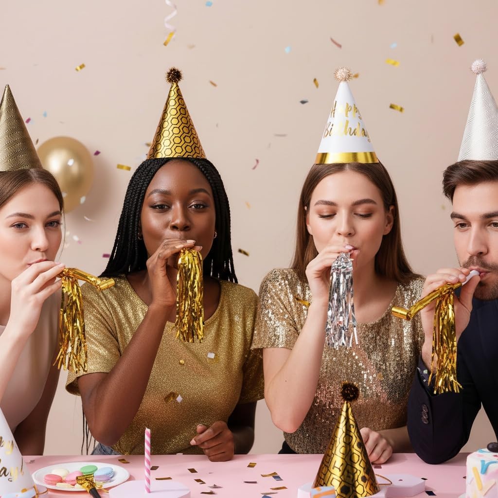 36 Pcs Party Birthday Hats Set – Gold Cone Hats with 12 Paper Party Hats and 24 Noise Makers for Kids and Adults Celebrations - Image 9