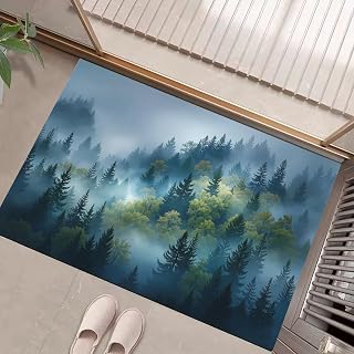 Alfombra Entrada Casa,40 x 60 cm Lavable Antideslizante Felpudo Exterior Bosque Denso De Pinos Absorbente Tapete Felpudo Entrada Interior para Hogar Oficina Jardín, Verde