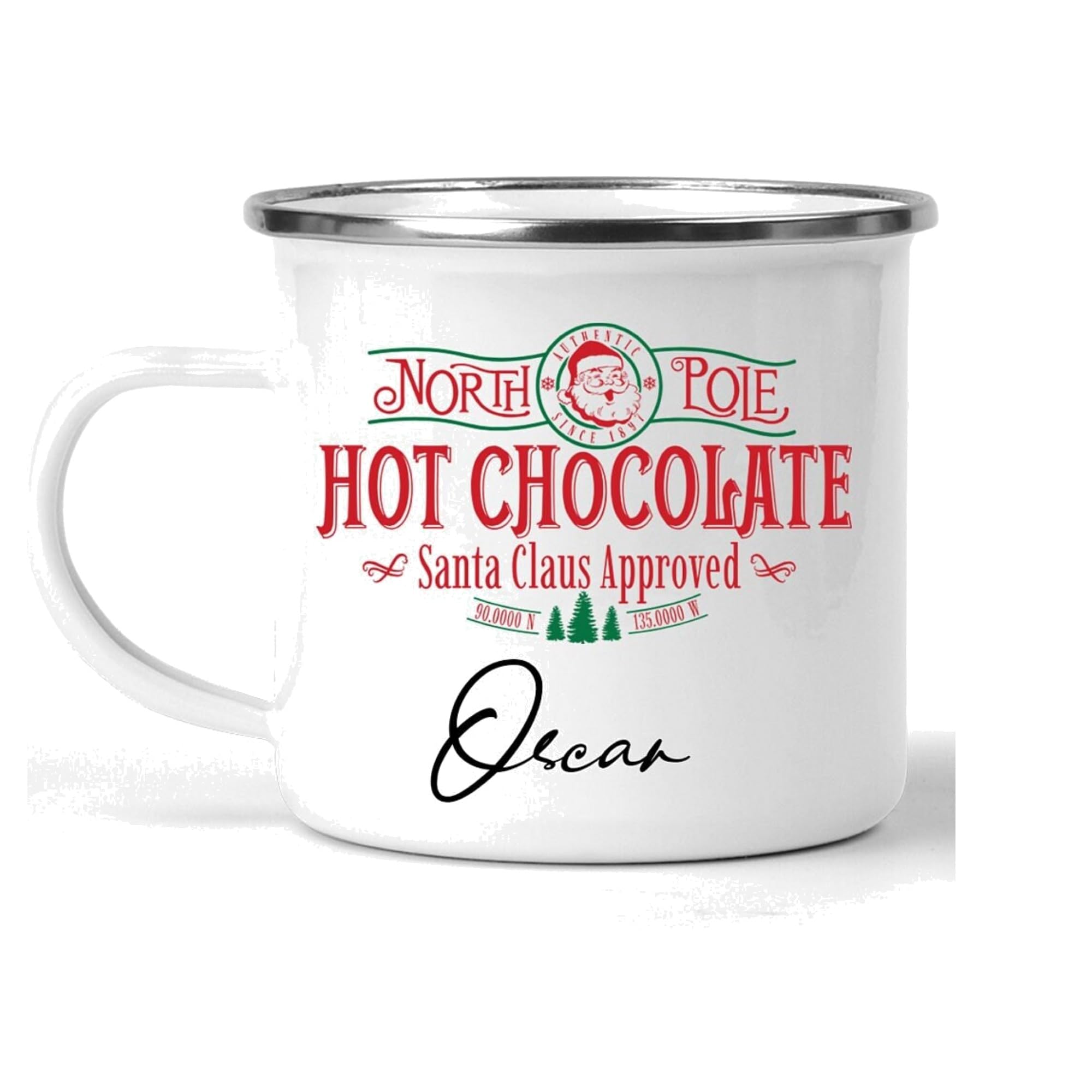 Devarapalli Studio Personalised Christmas Enamel Mug with Name, 12oz North Pole Hot Chocolate Cup, Stocking Filler