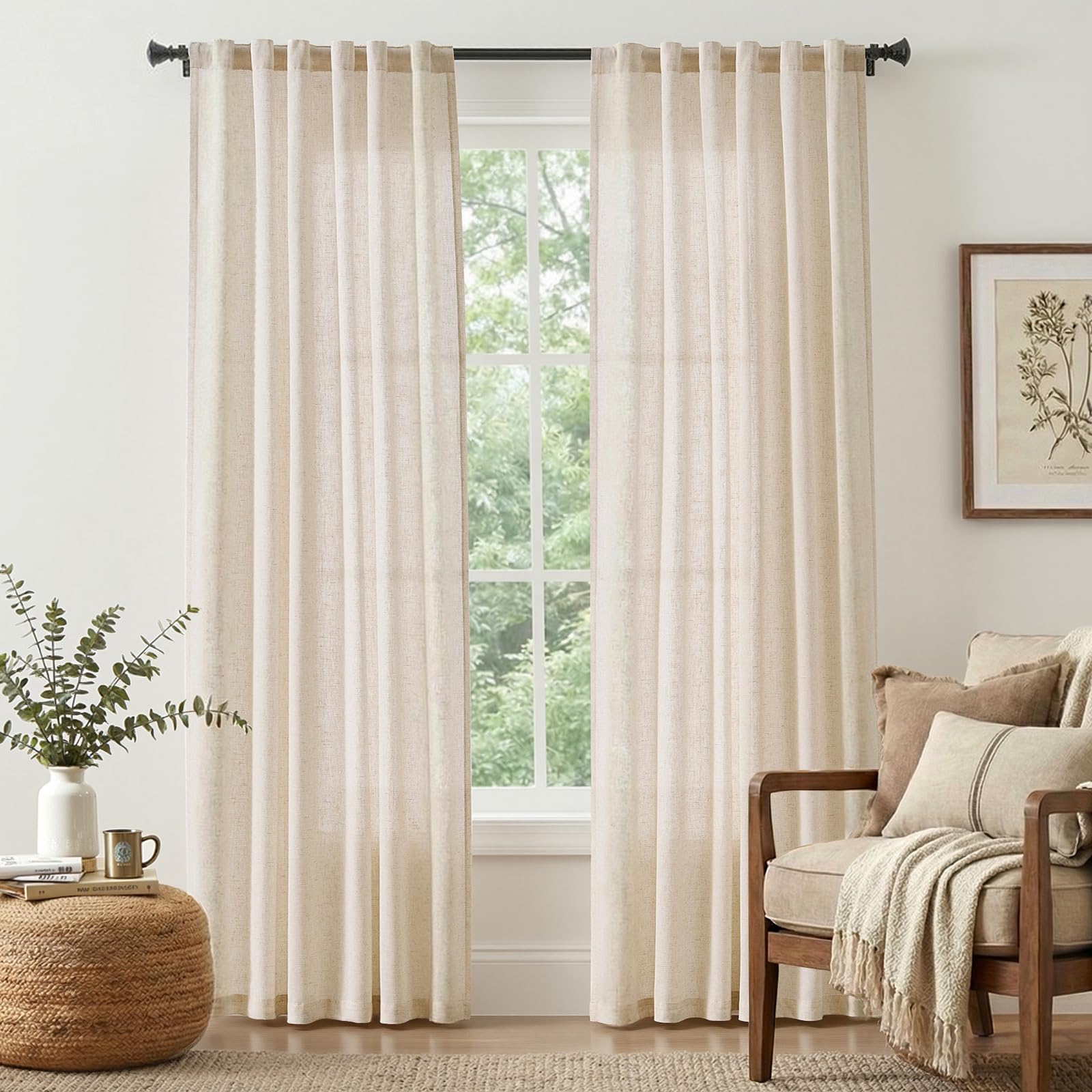 jinchan Beige Linen Blend Curtains 84 Inches Length 2 Panels for Bedroom Living Room, Light Filtering 50 Inches Wide Natural Farmhouse Drapes with Rod Pocket Back Tab (50W x 84L, Ecru)