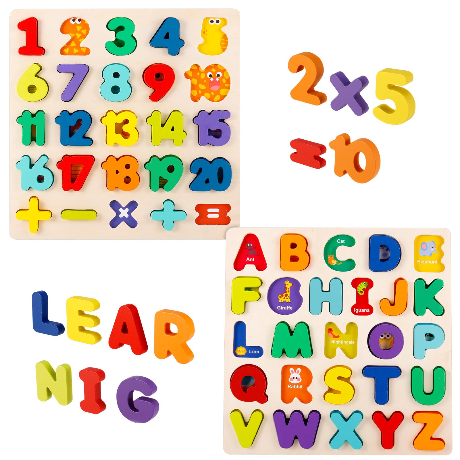 Wooden Jigsaw Puzzles for 3 4 5 Year Old, Kids Numbers & ABC Alphabet Learning Toys