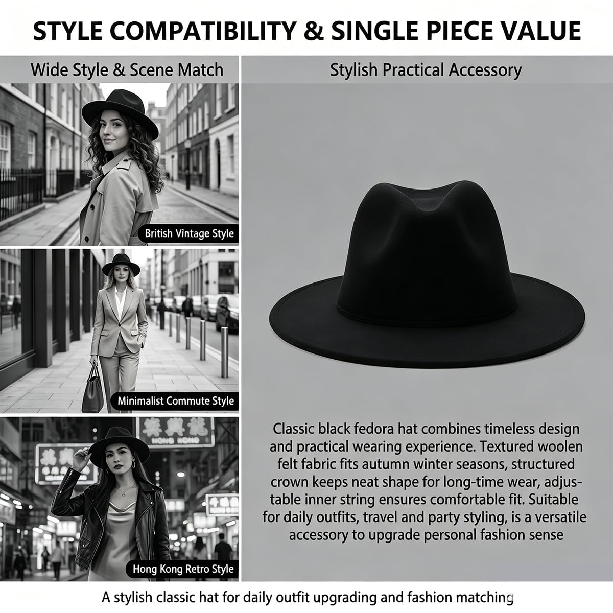Fedora Chapeau classique noir à large bord pour homme et femme, chapeau d'église 56-58 cm, style vintage