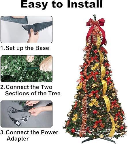 Miniatura 6 de Árbol de Navidad desplegable de 6.5 pies con luces, decoraciones, control remoto y temporizador, árbol de Navidad artificial preiluminado totalmente