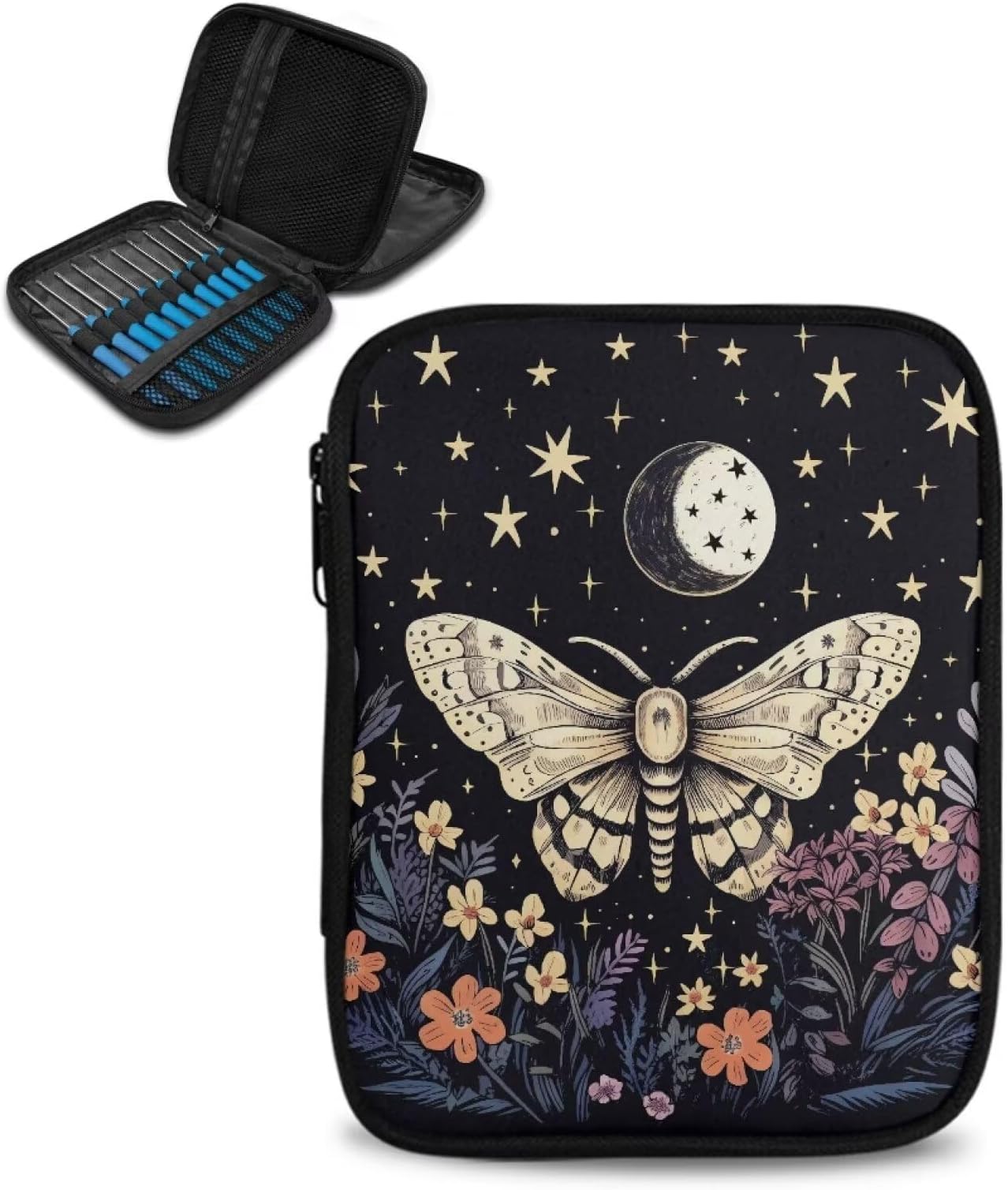 Butterfly Crochet Hook Case Portable Floral Knitting Needle Case with Web Pockets Crochet Storage Organizer for Travel Women Gifts