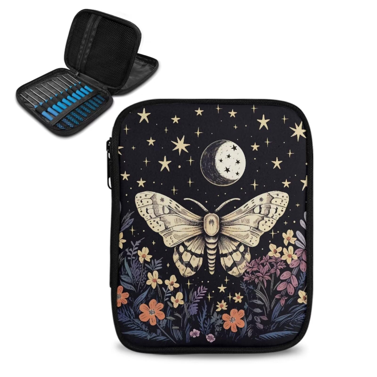 Butterfly Crochet Hook Case Portable Floral Knitting Needle Case with Web Pockets Crochet Storage Organizer for Travel Women Gifts