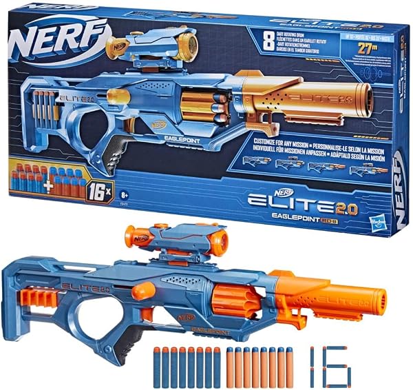 Nerf Elite 2.0 Eaglepoint RD-8 Blaster, 8-Dart Trommel, abnehmbares Fernrohr und Abnehmbarer Lauf, mit 16 Nerf Darts und Bolzen, 27 Meter Schussweite - 2