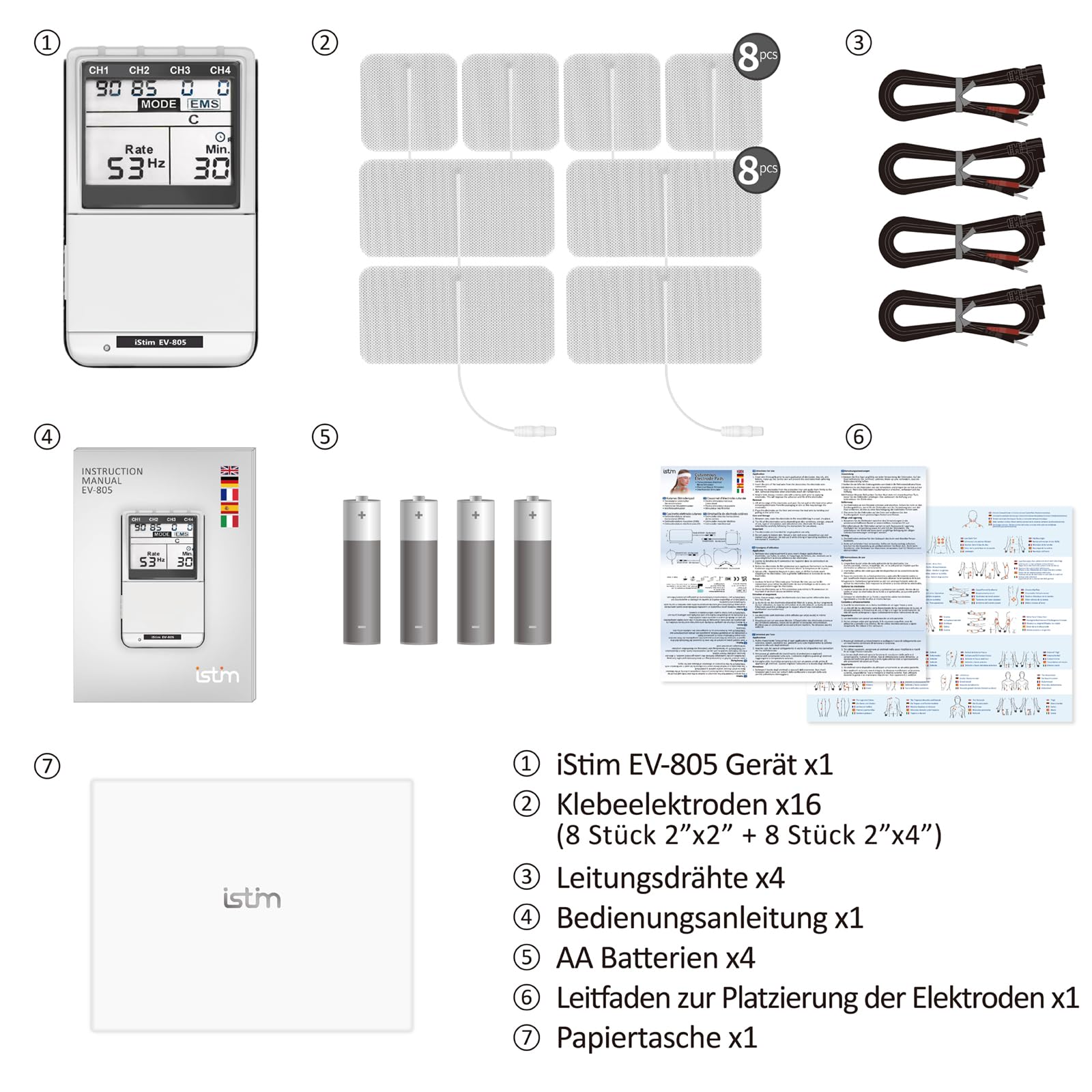iStim EV-805 TENS EMS Gerät – 4-Kanal Reizstromgerät & Muskelstimulator zur Schmerztherapie – EMS Trainingsgerät für Rücken, Nacken, Schultern, Beine – mit 16 Elektrodenpads & AA-Batterien