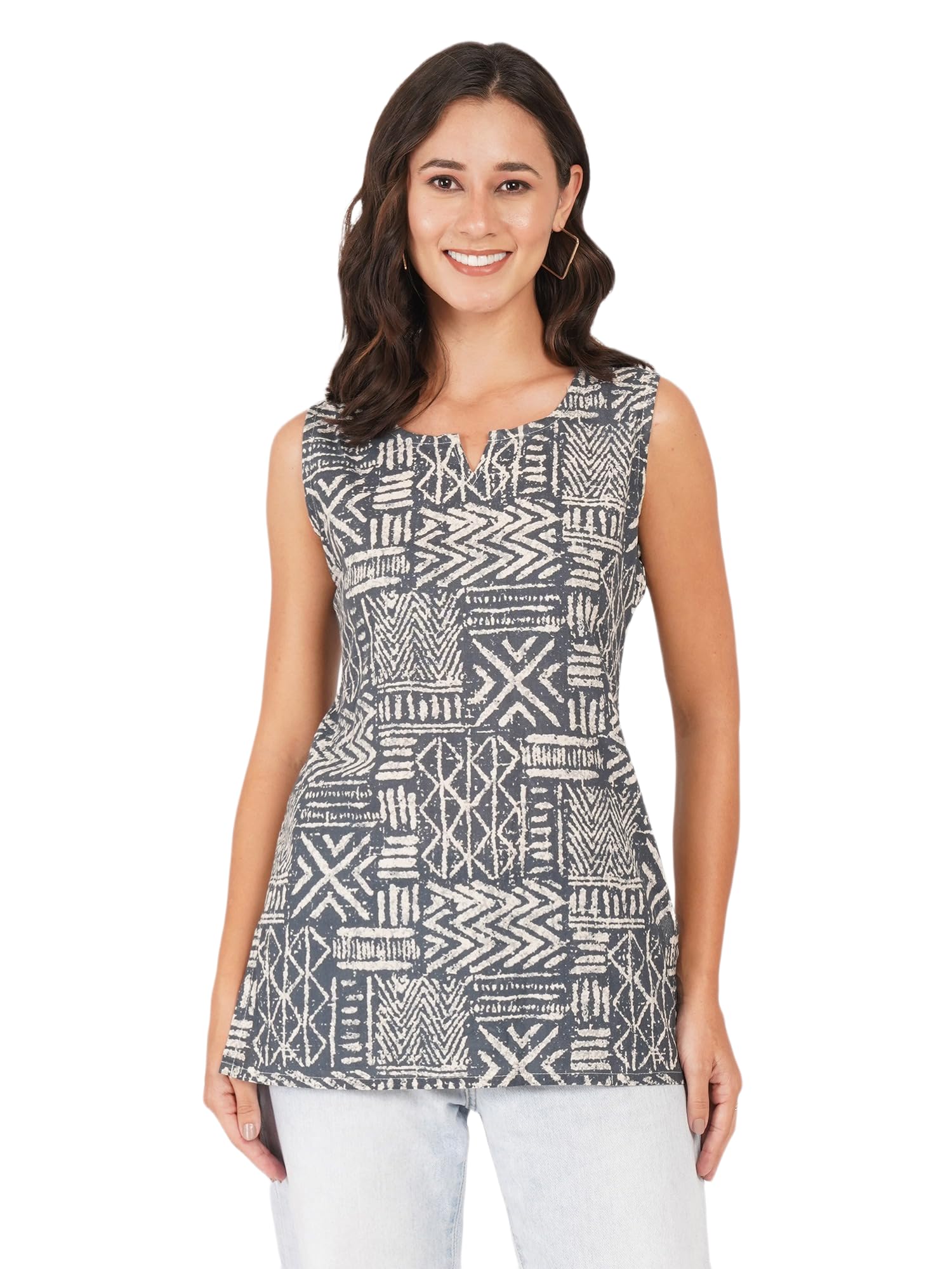 Pure Cotton Printed Sleeveless Short Kurti, Geometric Tribal Print, Grey and White-image-49