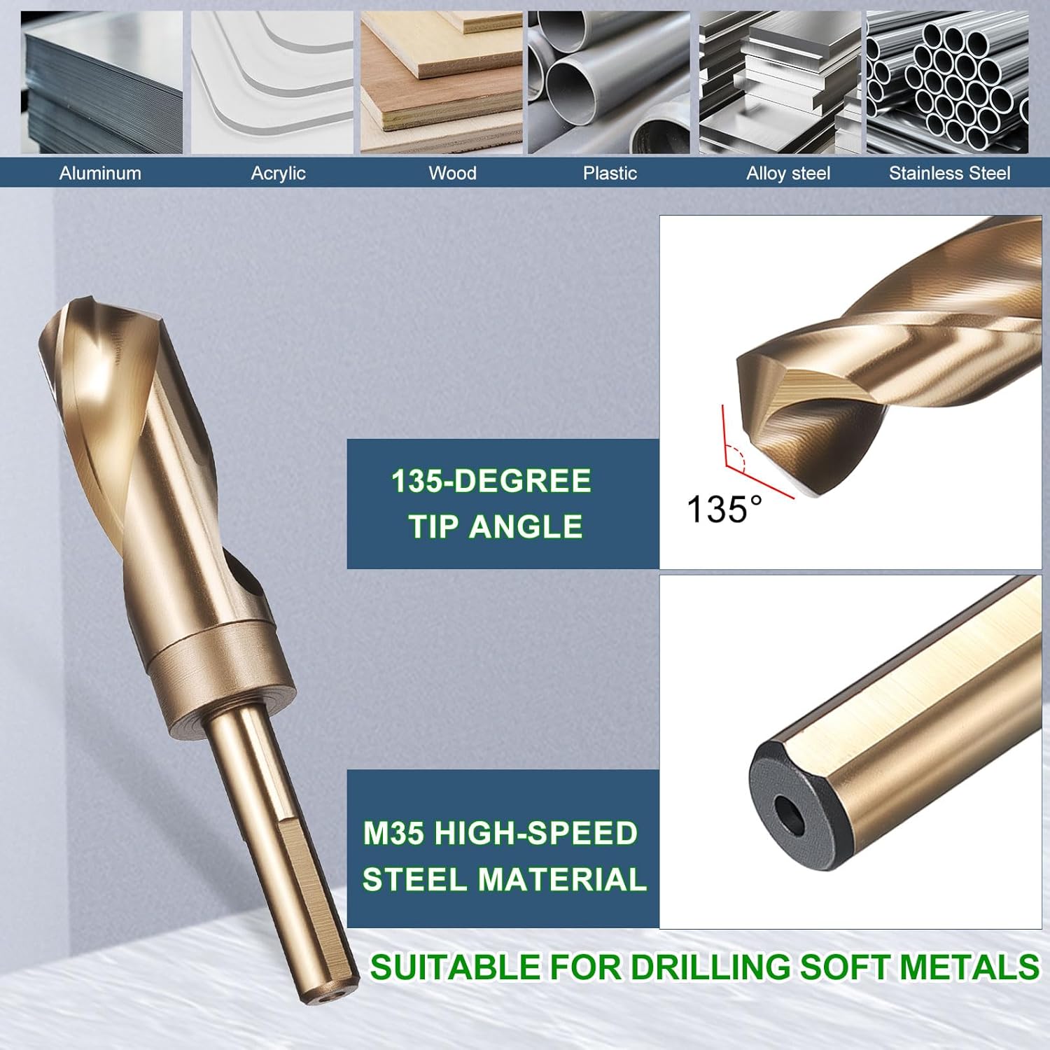 METALLIXITY Drill Bit (1-1/16"), 1/2" Reduced Shank 3-Flat M35 5% Cobalt HSS 135° for Stainless Steel DIY Projects Tool Gold