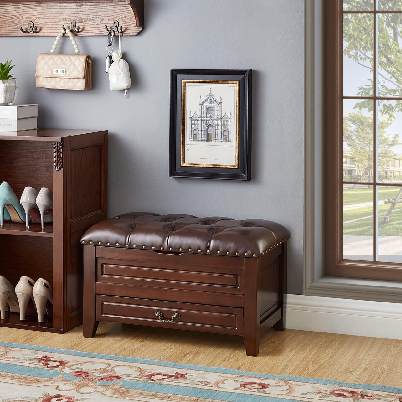 CYYTLFSD Wood Footstool Leather Ottoman with Storage