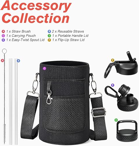 Coolflask borraccia termica Isolata 2L con Cannuccia e 3 Coperchi - Doppia Parete Sottovuoto a Prova di Perdite per Freddo e Caldo, Nero - 7