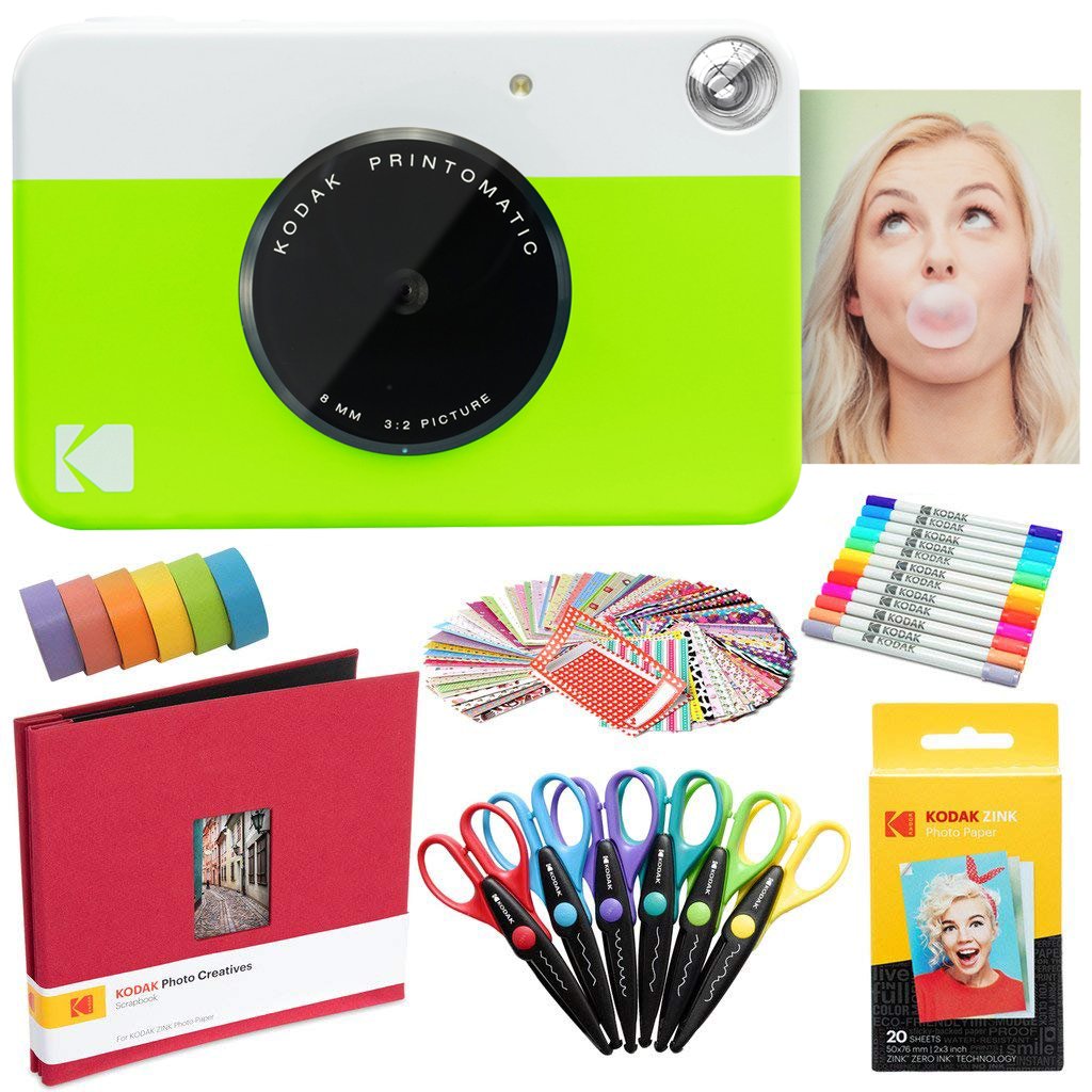 Kodak Printomatic Instant Camera (Green) Art Bundle + Zink Paper (20 Sheets) + 8x8 Cloth Scrapbook + 12 Twin Tip Markers + 100 Border Stickers + 6