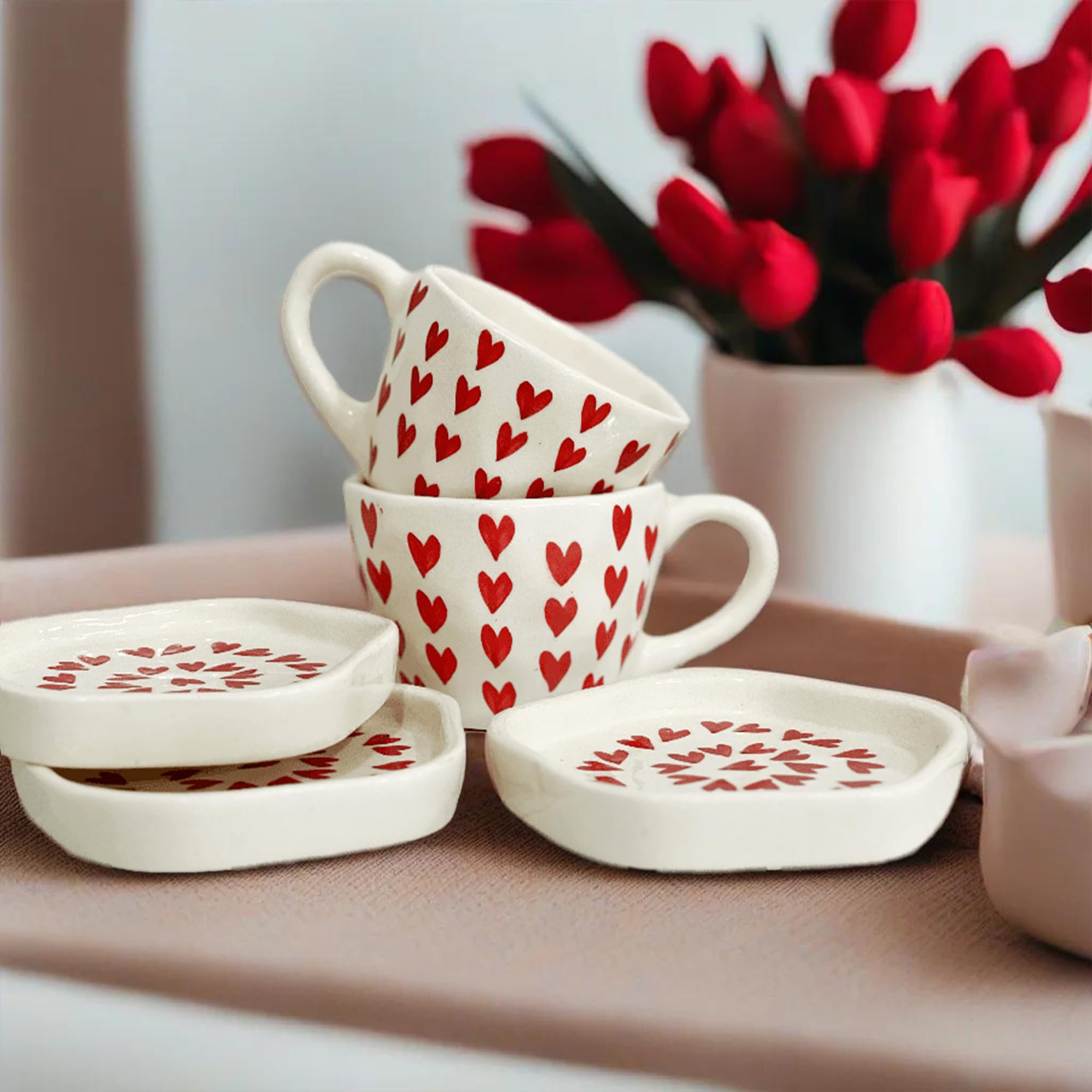 Praahi Lifestyle Ceramic Love Latte Coffee Mug & Dessert Plate Set | Red Heart | Perfect for Home and Office | Set of 2 Cups & 2 Plates, 300 ML | Best for Diwali Gifts