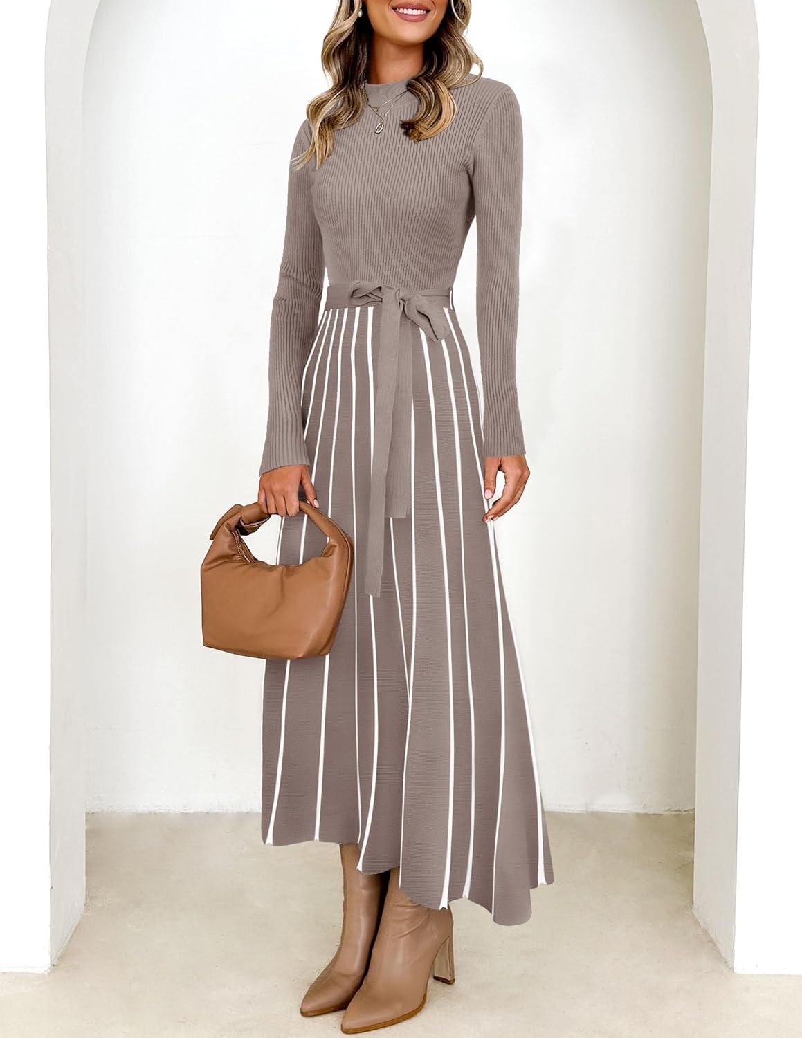 ZESICA Womens 2026 Spring Turtleneck Long Sleeve Sweater Dress Tie Waist Casual Loose Ribbed Knit A Line Midi Dresses - Image 3