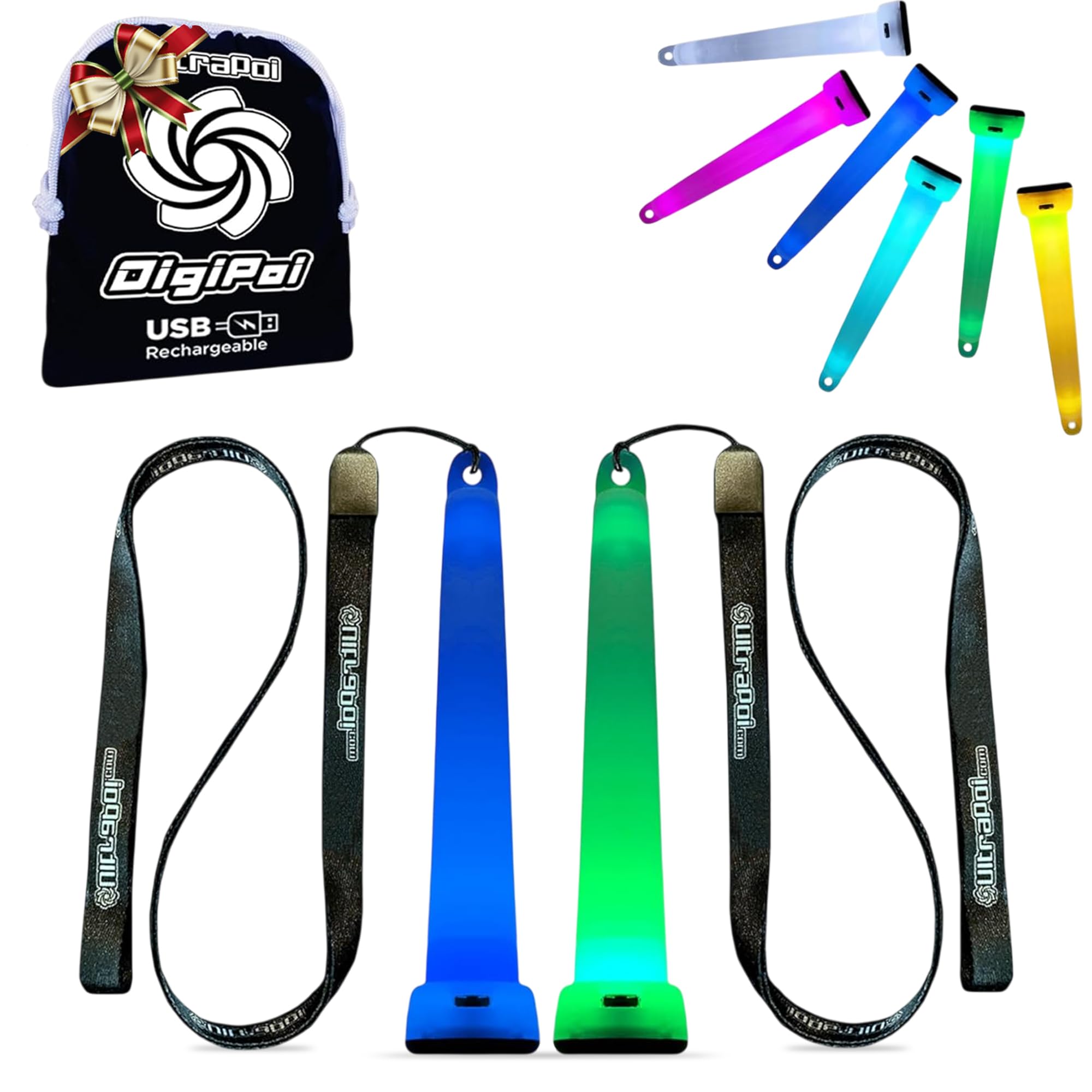 UltraPoi Digi Poi Set – Rechargeable Light Up Glow Sticks & LED Light Sticks for Party, Wedding, Rave, Concerts & Camping – Customizable Wearable Glow Stick with Lanyard, Clip & Rainbow Effects