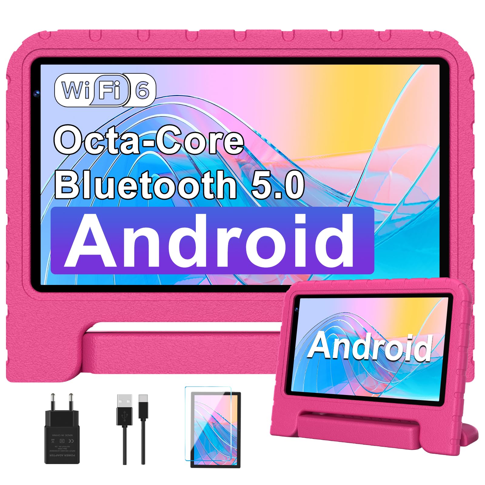 Tablet para Niños 7 Pulgadas,Android Niños Tablet, 10GB RAM + 64GB ROM/TF 512GB, Kids Educativos | Control Parental | Octa-Core 1.8GHz | 5G WiFi 6 | Cámara Dual | BT5.0,con Funda EVA Rojo