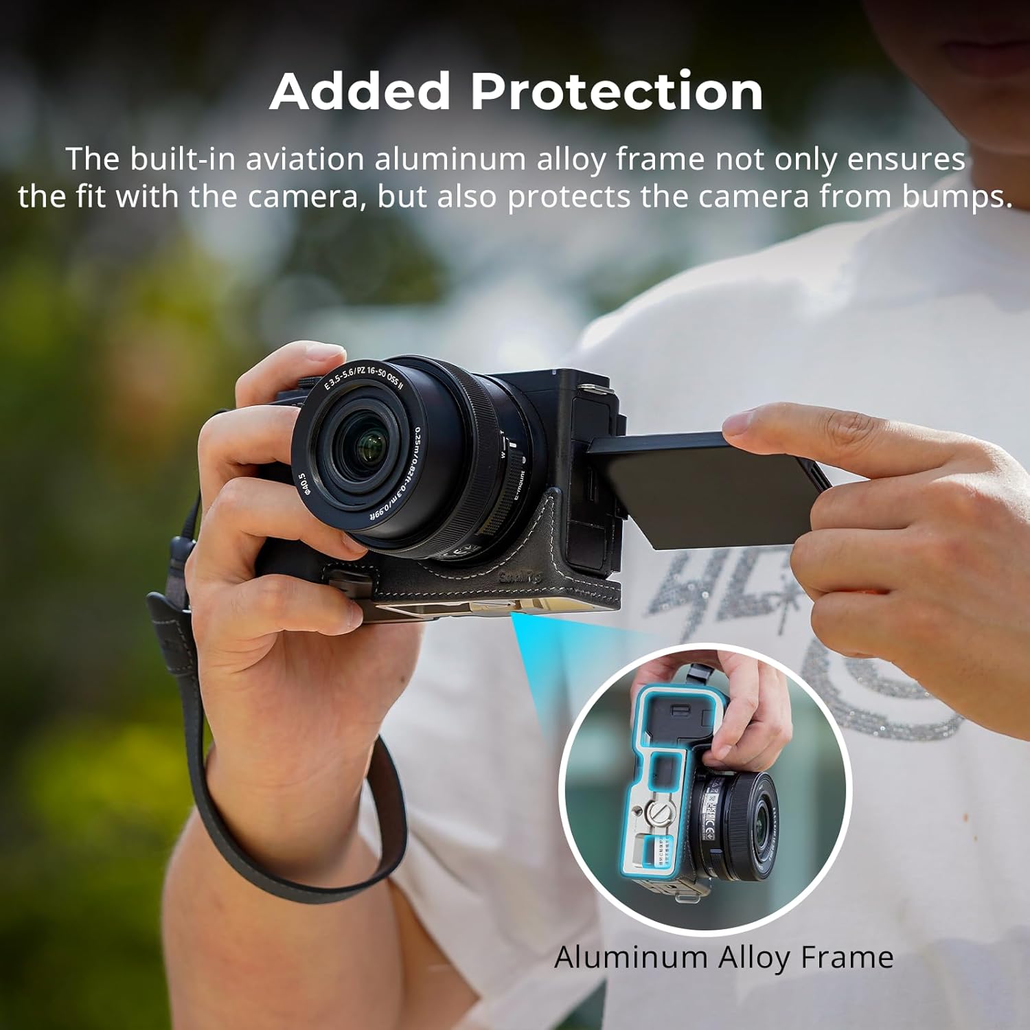 SMALLRIG Camera Leather Case with Wrist Strap for Sony ZV-E10 II, Vintage Style Leather Camera Half Case Kit, Aluminum Alloy Frame, Built-in 1/4"-20 Threaded Hole, (Black) - 4777