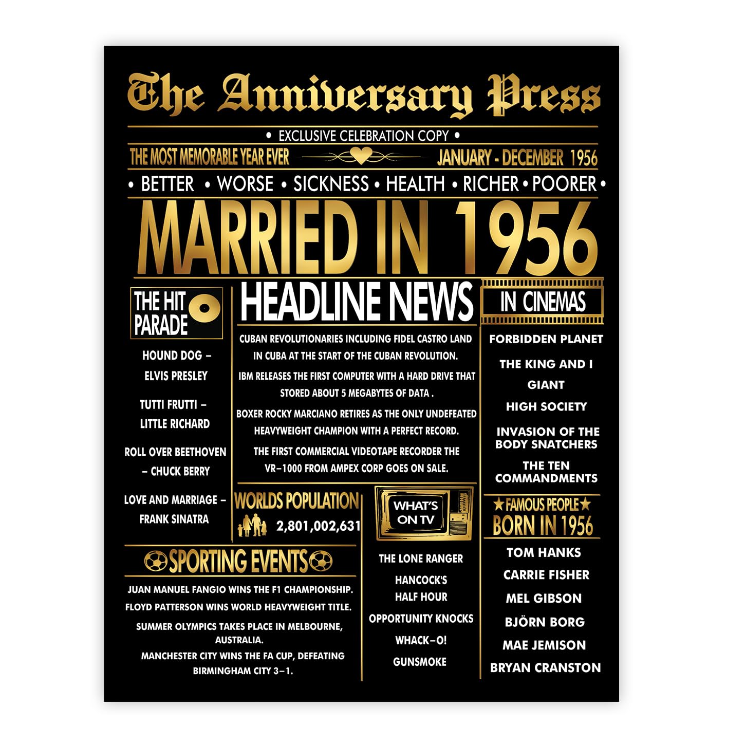 Stuff4 Men's 1956 Gold 70Th Anniversary Poster Unframed - Golden Married In Newspaper - 70 Wedding Anniversary For Wo Vintage Gifts Back In 8X10 Inch Anniversaries Posters
