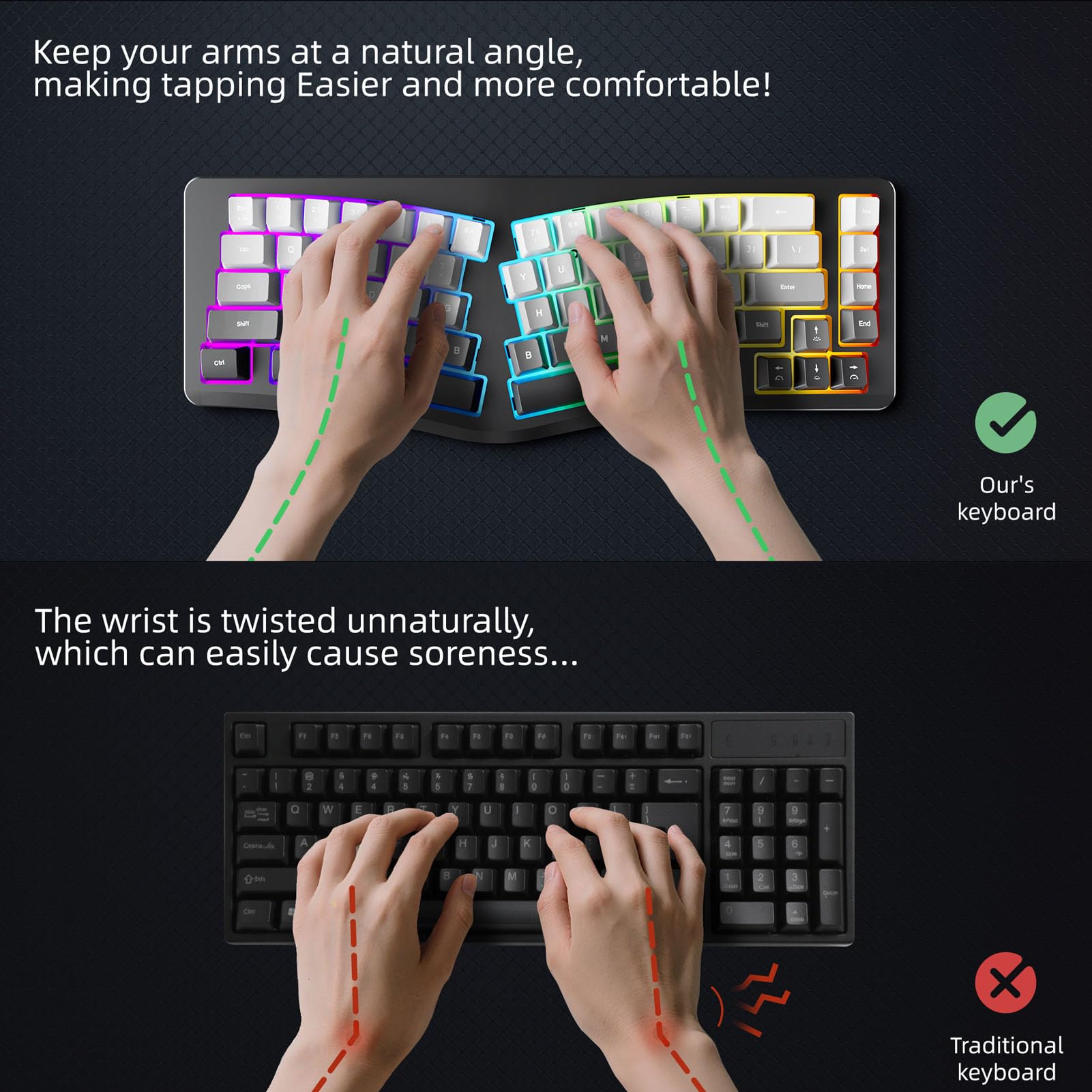 Jectse Tastiera Ergonomica Retroilluminata con Poggiapolsi, Tastiera per Computer Cablata USB a 69 Tasti 7 Colori, Comoda Illuminata per PC, per Wins, per OS X
