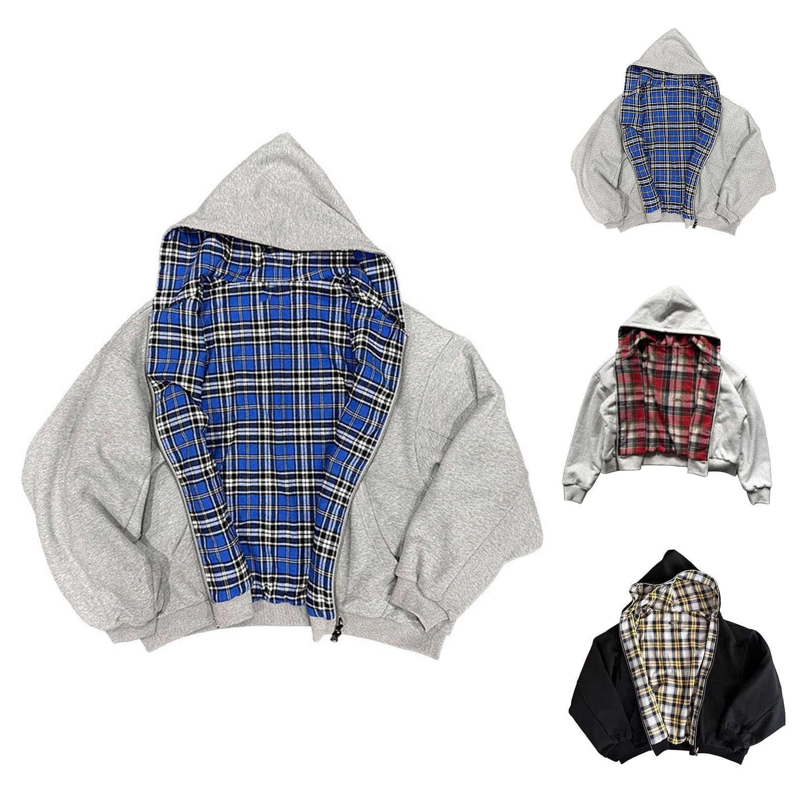 Sudadera con capucha para hombre, diseño de patchwork, reversible, cómoda y suave, sudadera Y2k Fashion Streetwear de manga larga con capucha para invierno, hip hop, informal, con cremallera