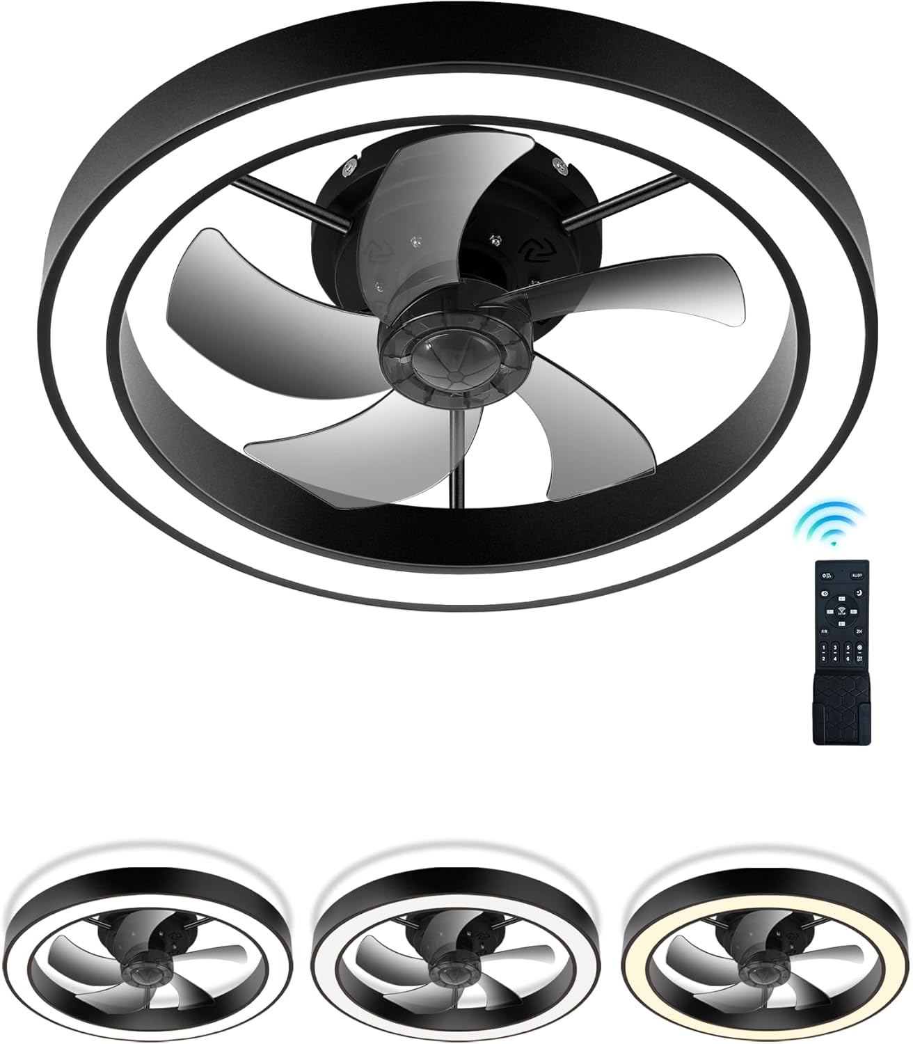 Flush Mount Ceiling Fan with Lights and Remote 20", Quiet Reversible DC Motor, 6-Speed Timer, Stepless Dimming with Memory for Home Office, Bedroom, Dining Room, Black