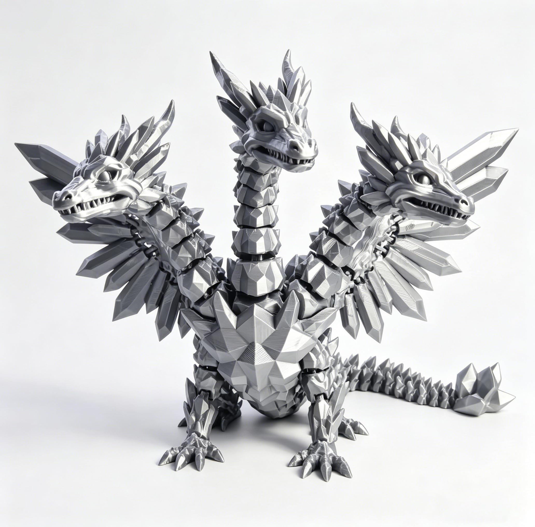 3D Printed Articulated Three-Headed Crystal Dragon with Wings, Flexible Fidget Toy for Stress Relief, Cute Sensory Dragon Figure, Ideal Desk, Home & Office Decor (Silver,L)