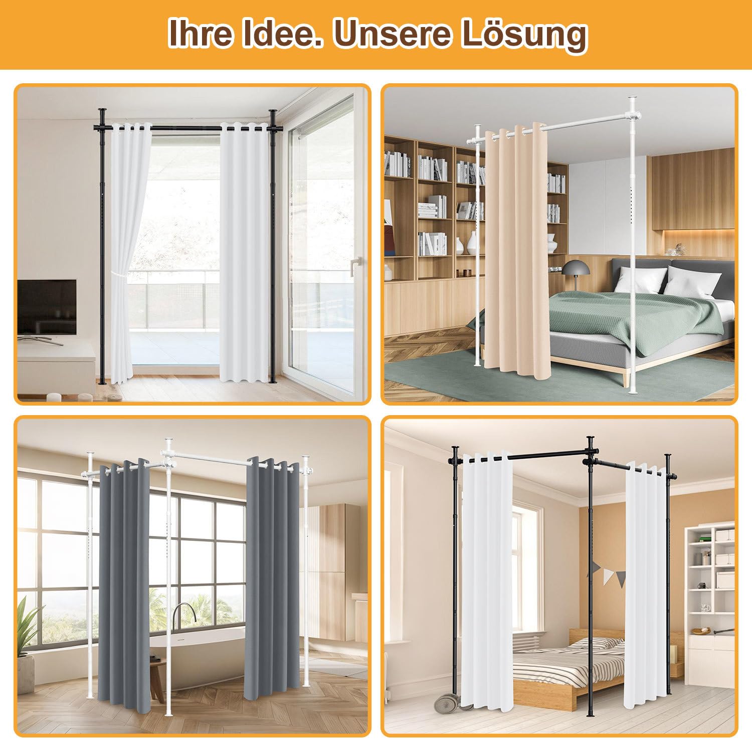 Separador de habitaciones sin taladrar, ancho 70-355 cm x alto 122-305 cm, sin cortina | Marco de biombo negro sin taladrar, independiente y ajustable para salón, dormitorio y oficina, sin cortina