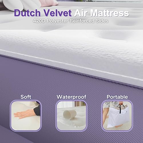 Miniatura 3 de Colchón de aire Queen con bomba de batería inalámbrica integrada, cama inflable de 22 pulgadas para campamento, hogar, textura de terciopelo grueso