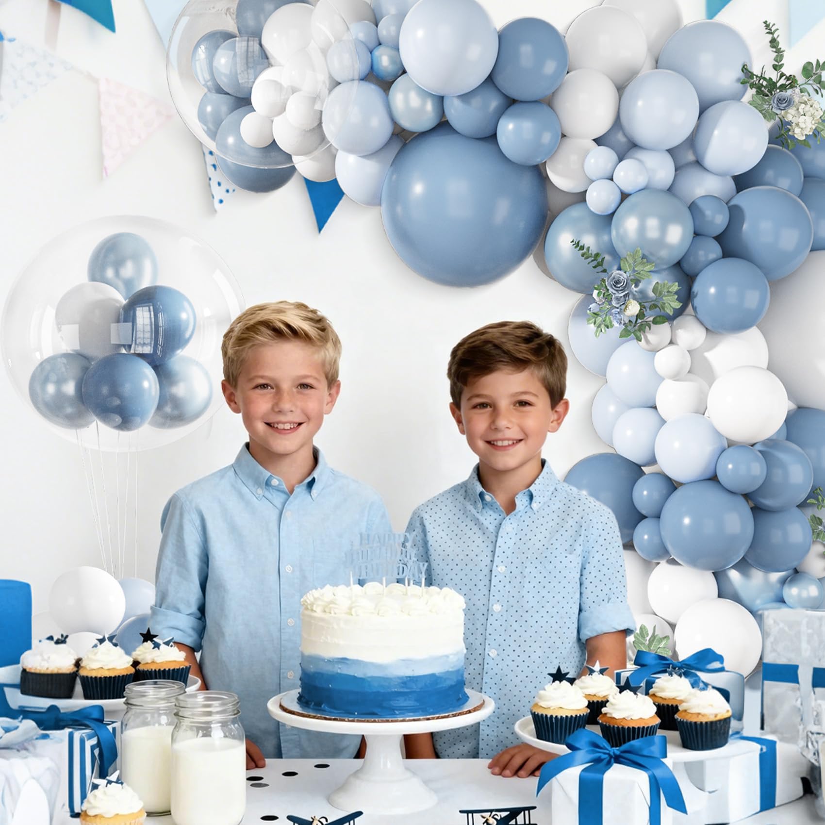 Ouddy Life Luftballonbogen-Set, Staubblau, 152 Stück, Perlen-Hellpastellblau und Weiß, klare Luftballons für Hochzeit, Geburtstag, Geschlechtsoffenbarung, Brautdekorationen