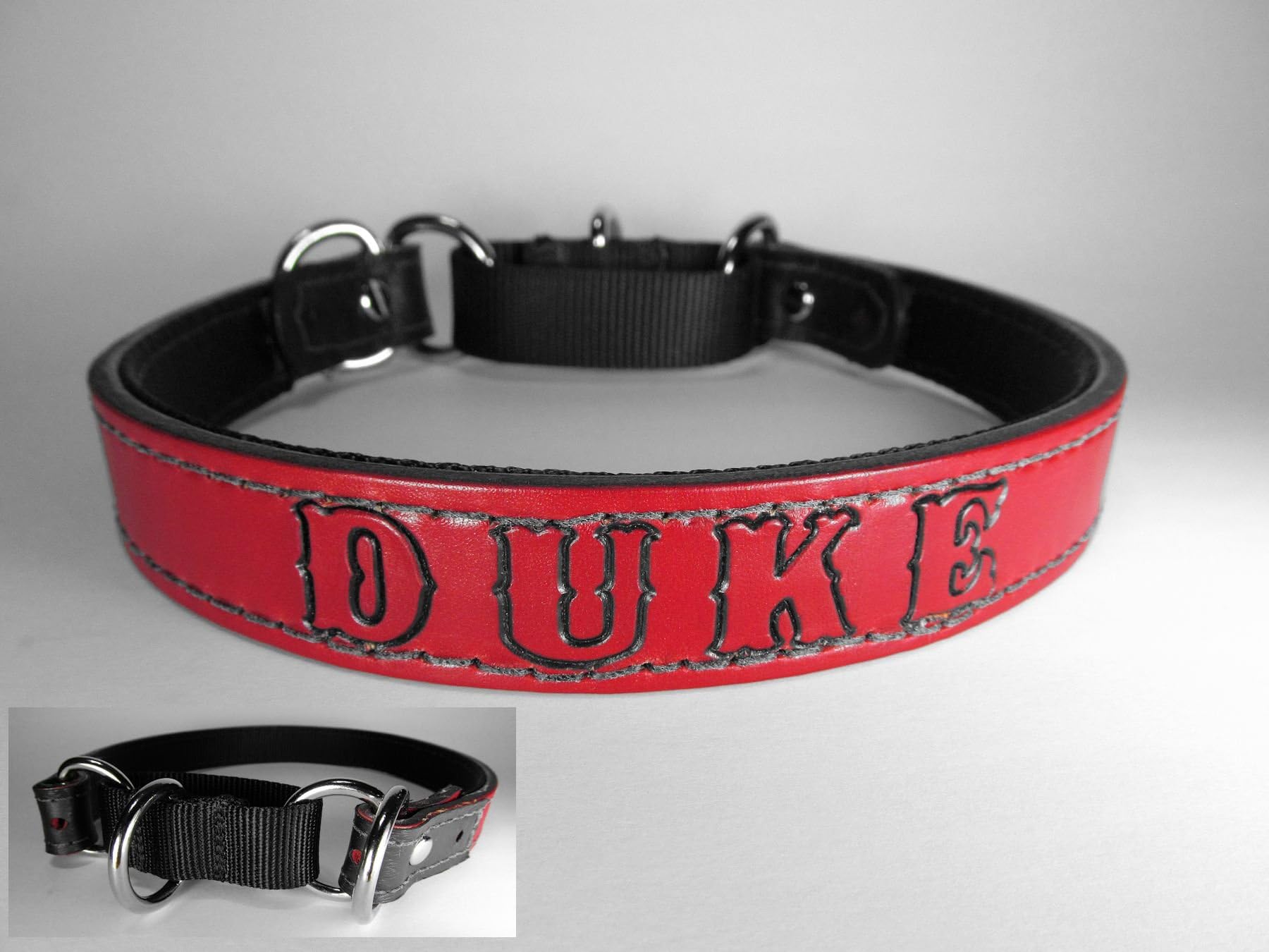 Haigler and Wallace Personalized Standard Size Martingale Red Leather Dog Collar with Name Plate