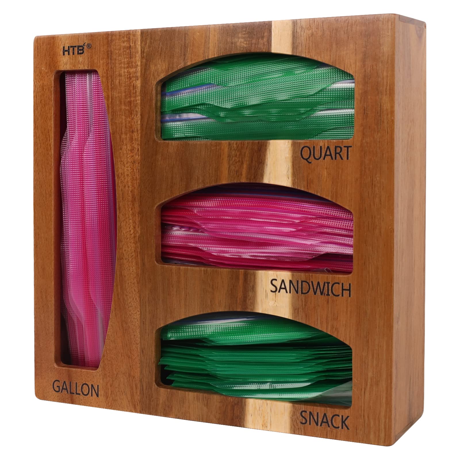 HTB Ziplock Bag Organizer for Kitchen Drawer,Acacia Wood Baggie Organizer,Storage Bag Organizer Compatible with Gallon,Quart,Sandwich,Snack Variety Size Bags
