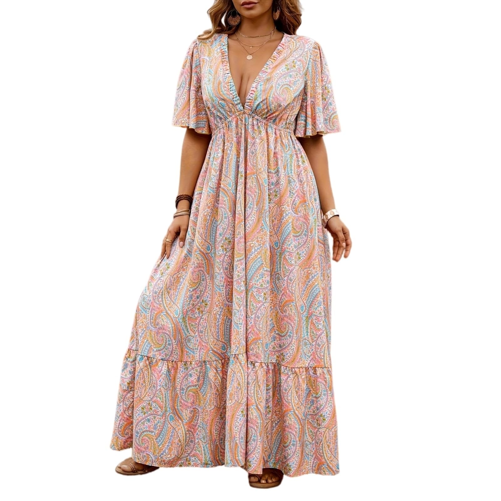 Vestito Plus Size Donna Midi Abito, V Collo Sciolto Abito Casual per Indossare Vacanze Primavera Estate-pink-5xl