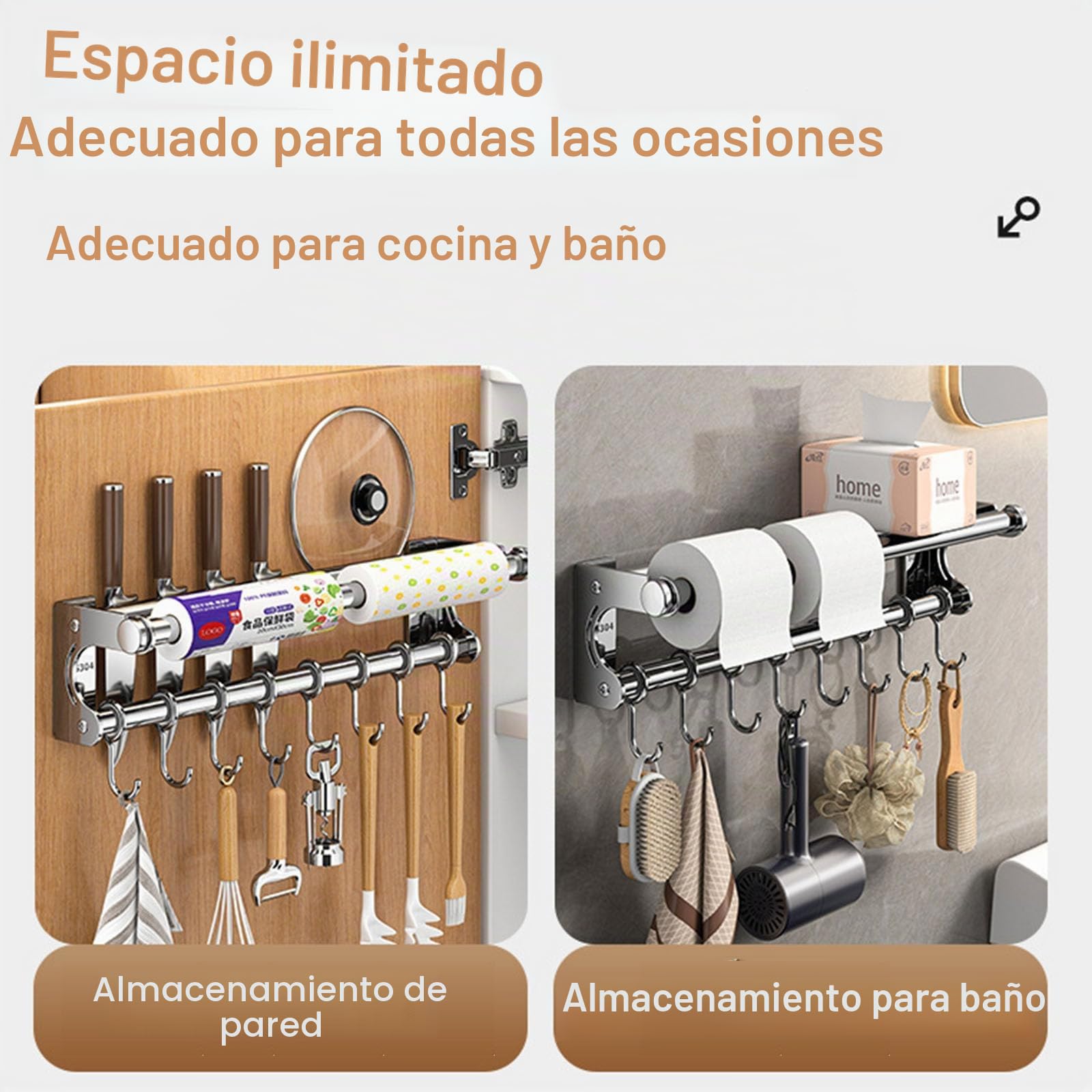 Varilla de pared del organizador de cocina,Estante de maceta colgante,Asistente de Chef de soporte de cocina, Estante de utensilios de cocina de ahorro de espacio con ganchos (Grey 50CM)