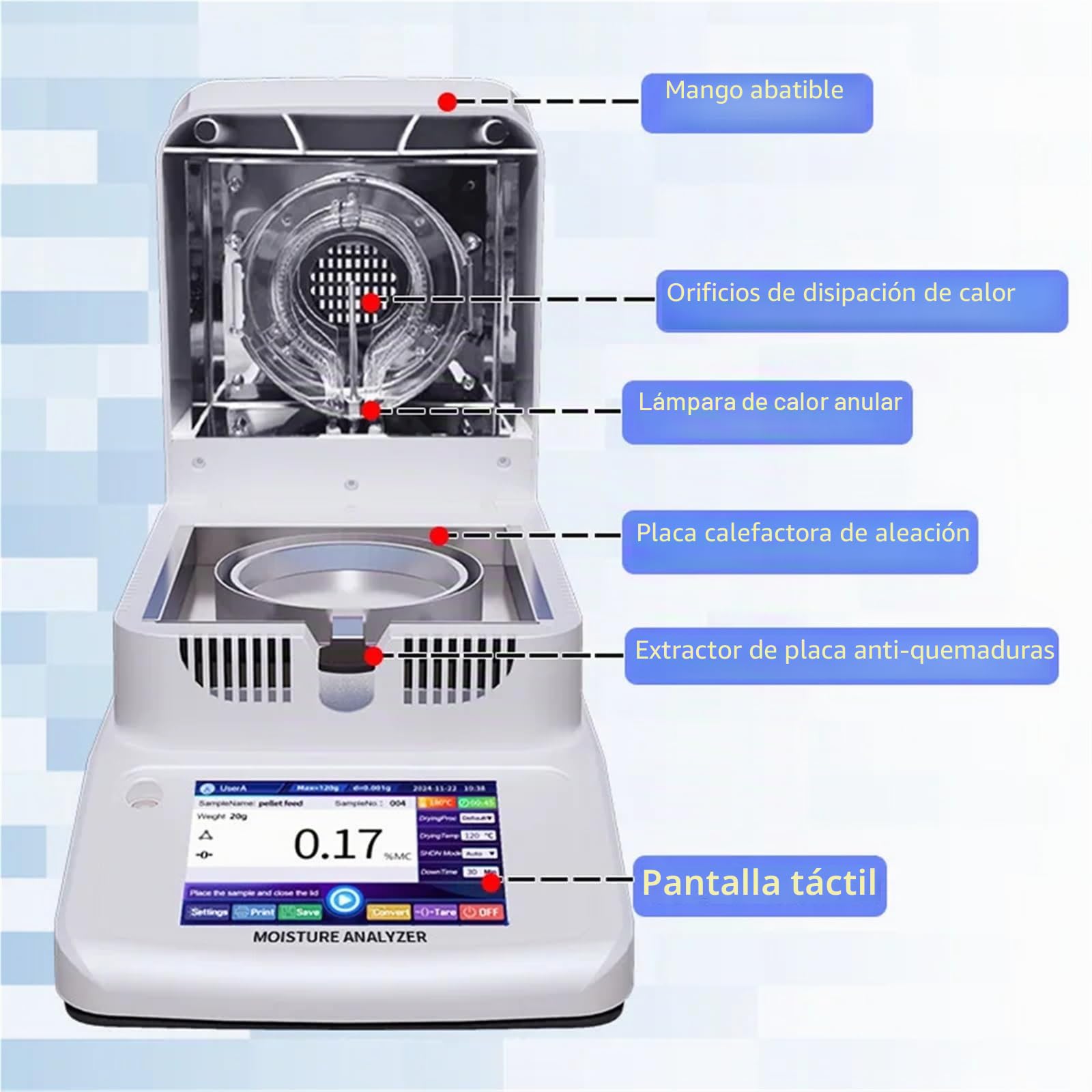 Medidor de humedad, Analizador De Humedad Halógeno De 120 G Con Pantalla Táctil De 5 Pulgadas Y Calentamiento De Partículas De Plástico For Alimentos Y Maíz.(120g 0.001g)