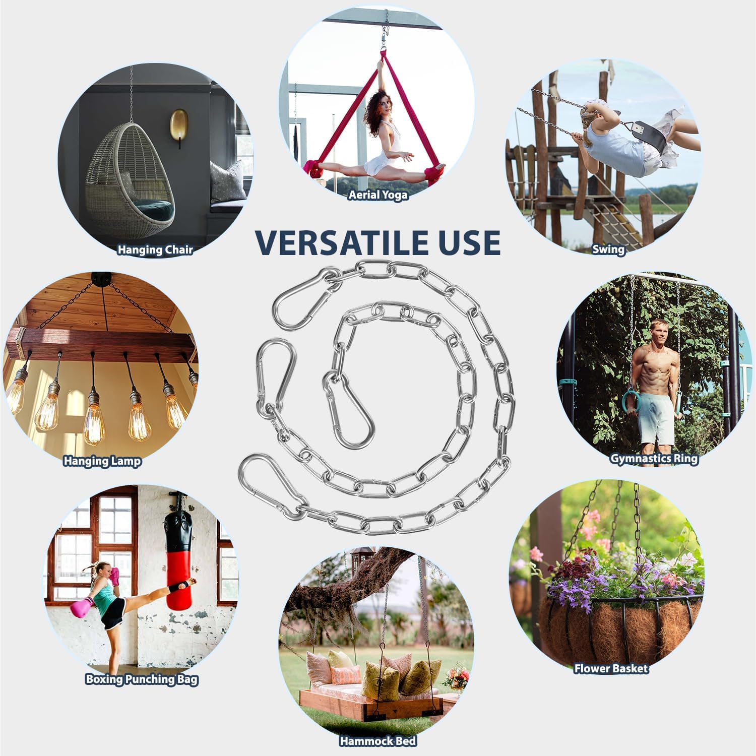 KOMUSMO 2 Pack Hanging Chair Chain with 4 Carabiners, 26in Stainless Steel Heavy Duty, 440LB Capacity, Playground Swing Set Hanging Kits Hardware for Hammock Swing Punching Bags Sandbag Boxing 4