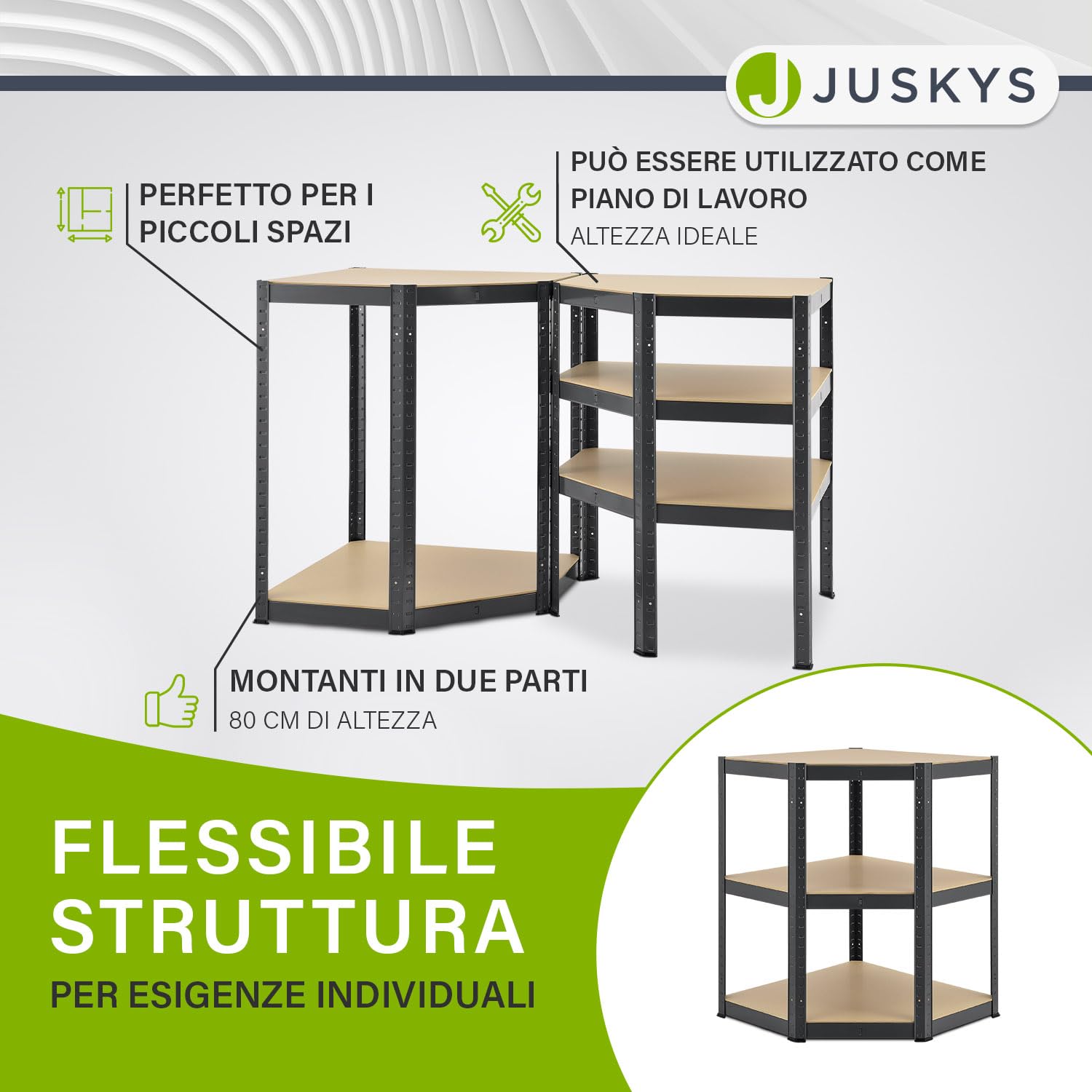 Juskys scaffale ad angolo Corner Basic 180×70×40–70 cm (AxLxP) – 5 ripiani in metallo zincato, portata 875 kg – a innesto per cantina o garage (grigio)