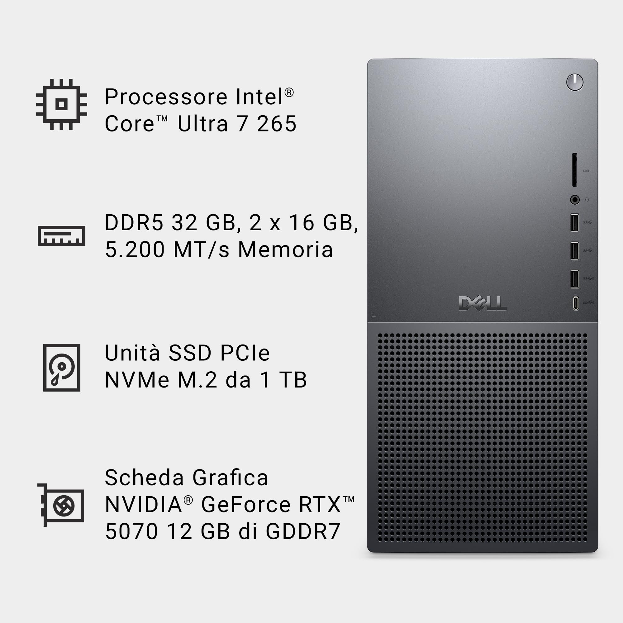 Dell Tower Plus EBT2250 PC Desktop – Intel Core Ultra 7 265, 32GB DDR5 RAM, 1TB SSD, Nvidia Geforce RTX 5070, Windows 11 Pro, Wi-Fi 6E, Design Grafite