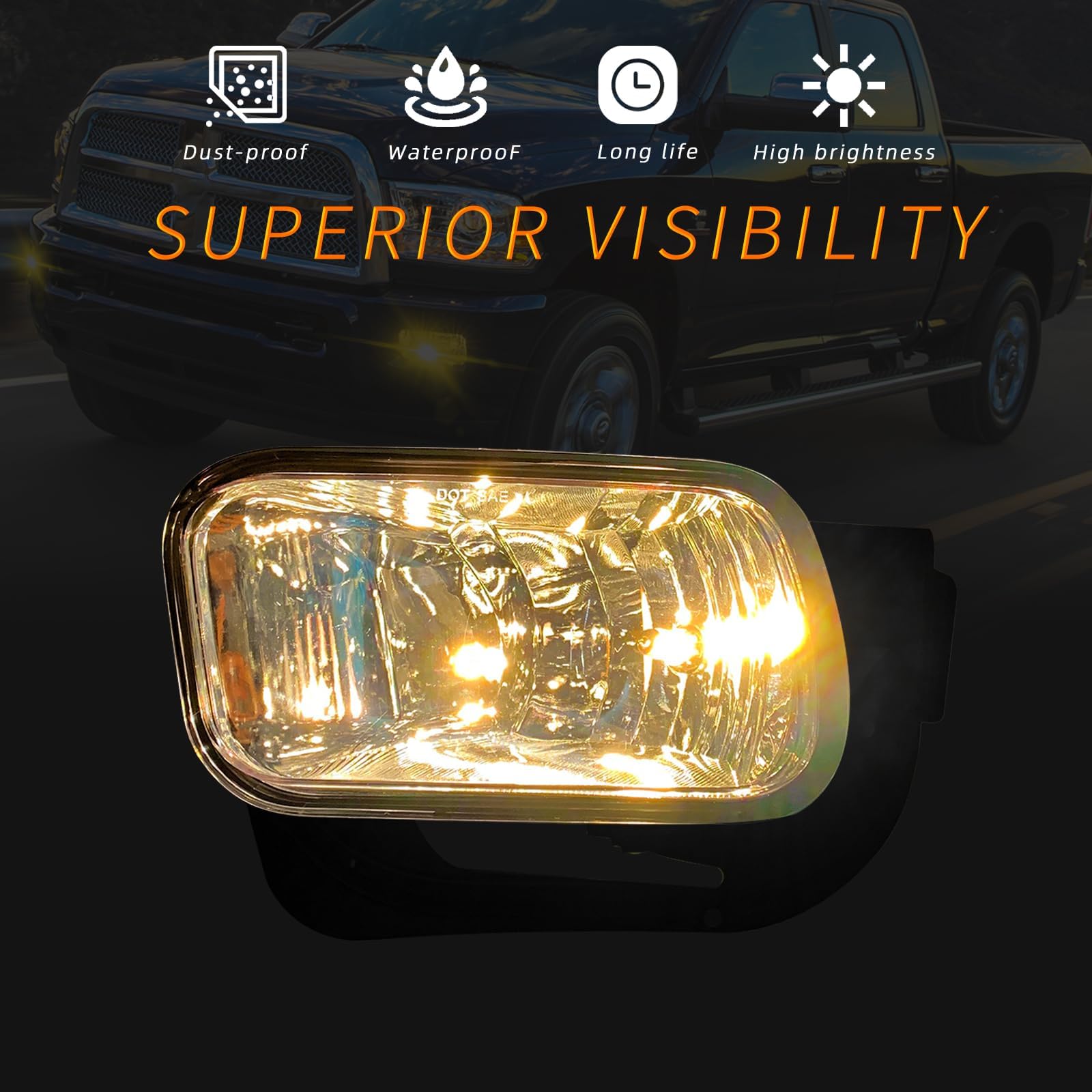 Shocklight Driving Fog Lights Replacement for 2009-2012 Dodge Ram 1500, 2010-2018 Dodge Ram 2500 3500 with H10 12V 42W Halogen Bulbs & Bracket (Clear Lens)