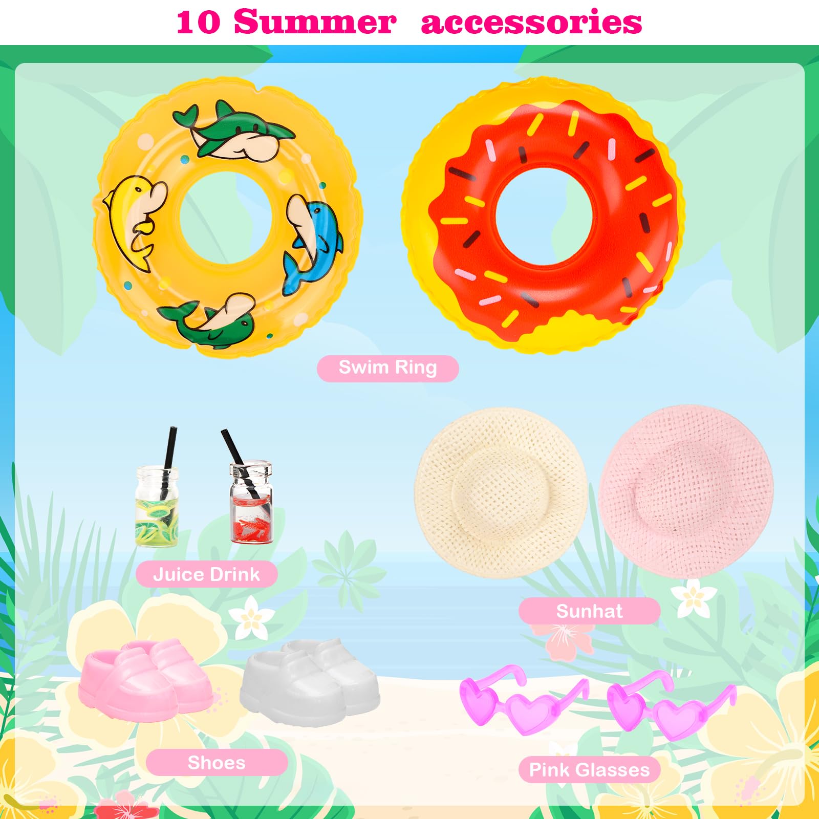 Mini 5.3 inch Doll Clothes and Accessories 6 Beach Swimsuits 3 Dresses with 2 Swimming Rings 2 Drinks 2 Hats 2 Glasses 2 Shoes