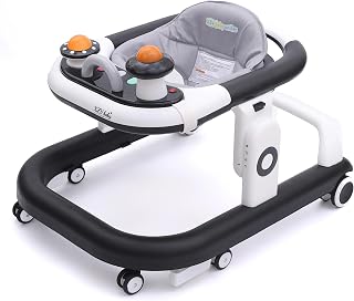 XZV 5-in-1 Foldable Baby Walker: Height-Adjustable, Wheels, Feeding Tray, Toys for 6-18 Months (Black)