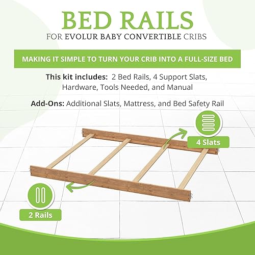 Vista 74 de Kit de conversión de tamaño completo, rieles de cama para cunas Evolur, kit convertible de cuna de madera maciza para cama de niños, rieles de Blanco